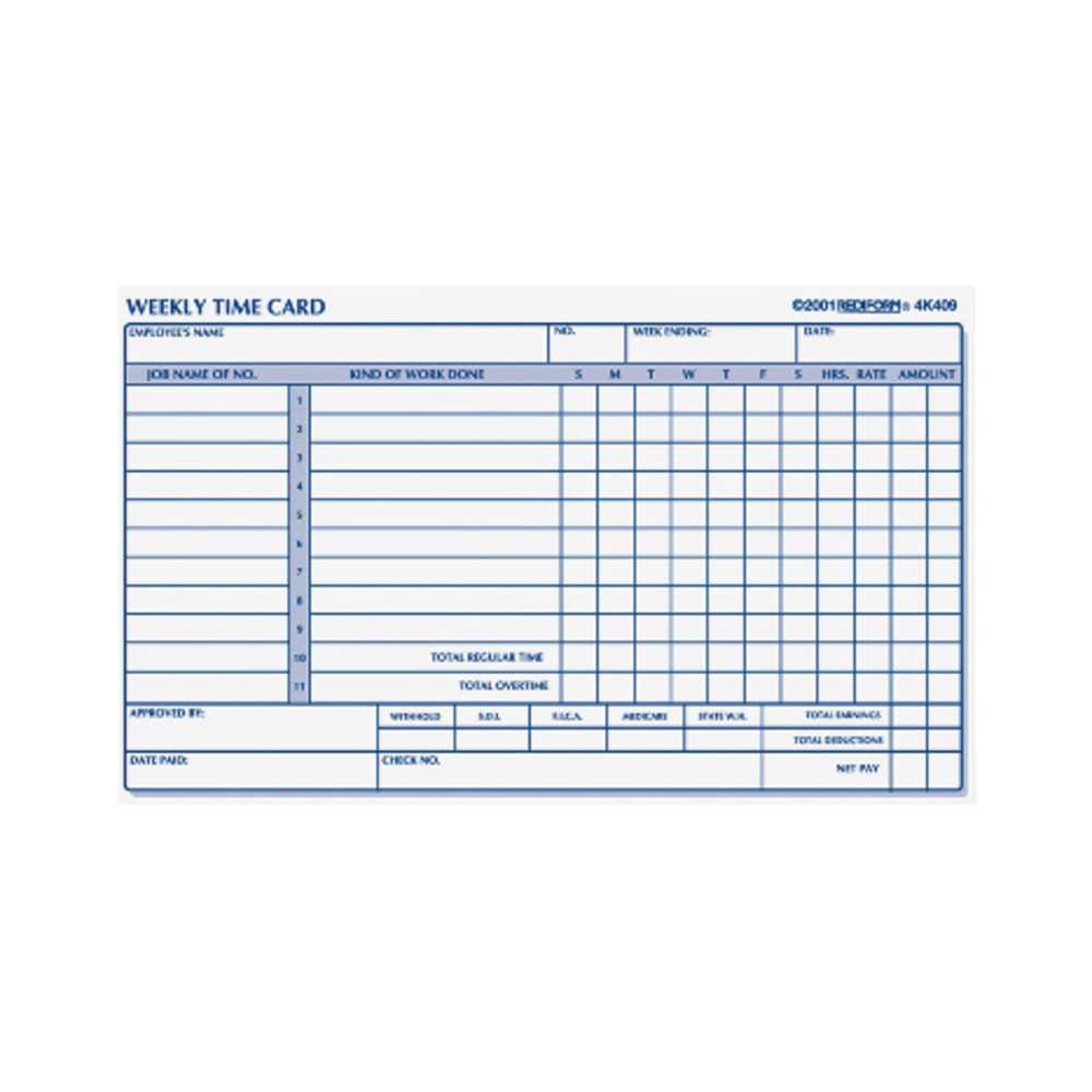 Rediform Weekly Time Clock Card Pad, 4.25in x 7in, Manila, Pad Of 100 (Min Order Qty 10) MPN:4K409