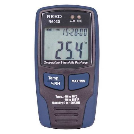 Temperature and Humidity Datalogger, -40 to 158 Degrees F (-40 to 70 Degrees C), 0-100%RH MPN:R6030