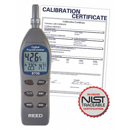 Digital Psychrometer / Thermo-Hygrometer, (Wet Bulb, Dew Point, Temperature, Humidity) with NIST Calibration Certificate MPN:8706-NIST