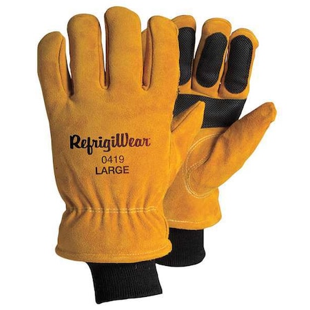Cold Protection Gloves, Split Cowhide Leather Palm, Knit Cuff, Gold, 1 PR MPN:0419RGLDLAR