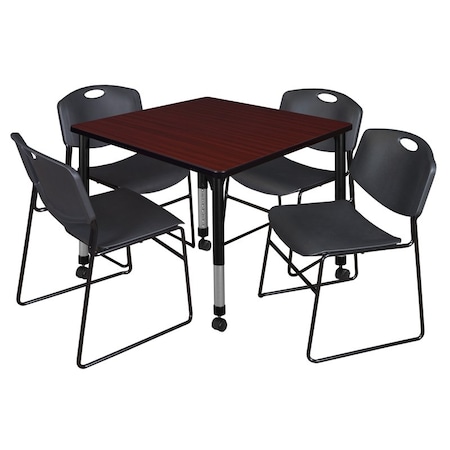 Tables > Height Adjustable > Square Mobile Table & Chair Sets, 42 W, 42 L, 23-34 H, Mahogany MPN:TB4242MHAPCBK44BK