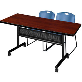 Regency® Kobe Privacy Nesting Table with 2 Zeng Blue Stack Chairs 60