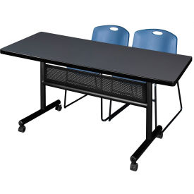 Regency® Kobe Privacy Nesting Table with 2 Zeng Blue Stack Chairs 60