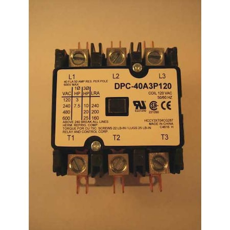 120VAC Definite Purpose Contactor 3P 40A MPN:DPC-40A3P120