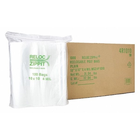 Reclosable Bag, 10 L, 10 in W, 4 mil Thick, Polypropylene, Clear MPN:4R1010