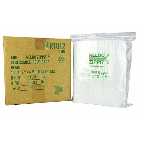 Reclosable Bag, Zip Seal, 12 in L, 10 in W, 4 mil Thick, Polyethylene, Clear MPN:4R1012