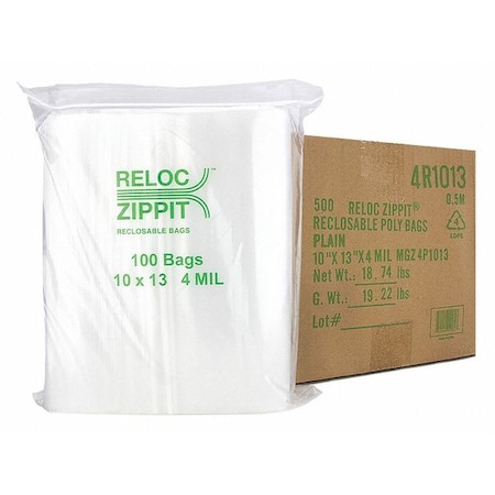 Reclosable Bag, 13 L, 10 in W, 4 mil Thick, Polypropylene, Clear MPN:4R1013