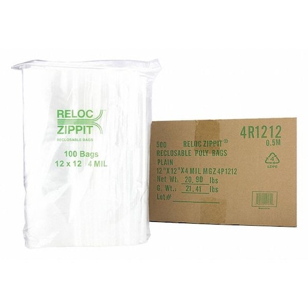 Reclosable Bag, 12 L, 12 in W, 4 mil Thick, Polypropylene, Clear MPN:4R1212