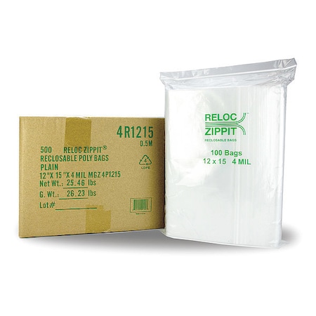 Reclosable Bag, Zip Seal, 15 in L, 12 in W, 4 mil Thick, Polyethylene, Clear MPN:4R1215