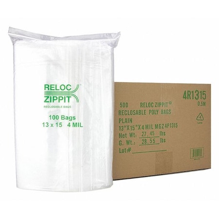 Reclosable Bag, 15 L, 13 in W, 4 mil Thick, Polypropylene, Clear MPN:4R1315