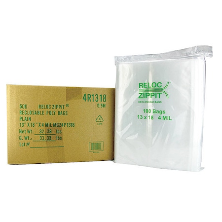 Reclosable Bag, Zip Seal, 18 in L, 13 in W, 4 mil Thick, Polyethylene, Clear MPN:4R1318