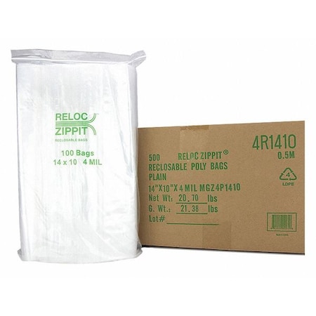 Reclosable Bag, 10 L, 14 in W, 4 mil Thick, Polypropylene, Clear MPN:4R1410