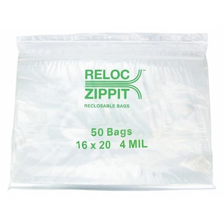 Reclosable Bag, 20 L, 16 in W, 4 mil Thick, Polypropylene, Clear MPN:4R1620