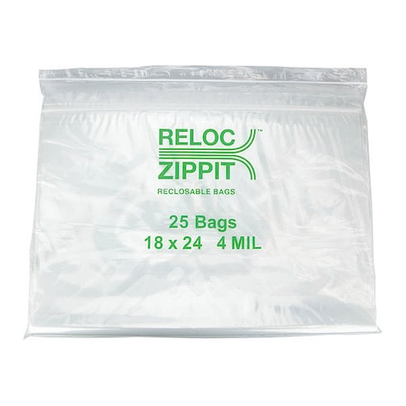 Reclosable Bag, Zip Seal, 24 in L, 18 in W, 4 mil Thick, Polyethylene, Clear MPN:4R1824