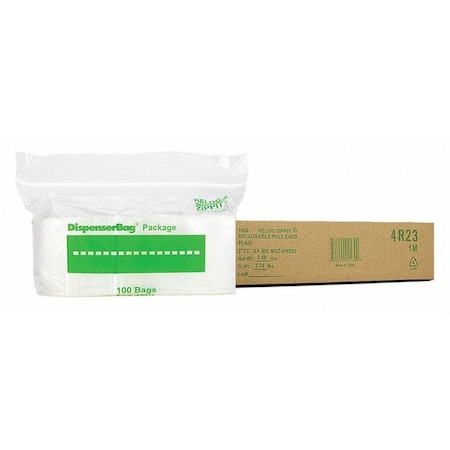 Reclosable Bag, 3 L, 2 in W, 4 mil Thick, Polypropylene, Clear MPN:4R23