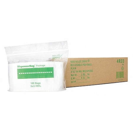 Reclosable Bag, 3 L, 3 in W, 4 mil Thick, Polypropylene, Clear MPN:4R33