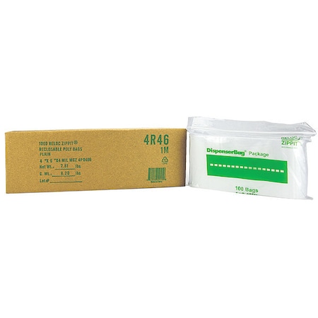 Reclosable Bag, Zip Seal, 6 in L, 4 in W, 4 mil Thick, Polyethylene, Clear MPN:4R46