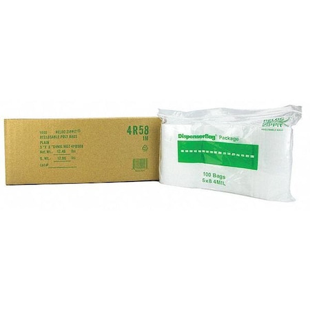 Reclosable Bag, Zip Seal, 8 in L, 5 in W, 4 mil Thick, Polyethylene, Clear MPN:4R58