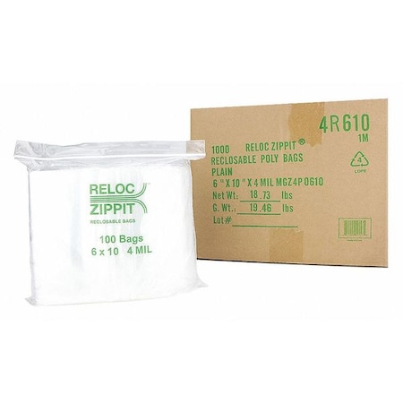 Reclosable Bag, 10 L, 6 in W, 4 mil Thick, Polypropylene, Clear MPN:4R610