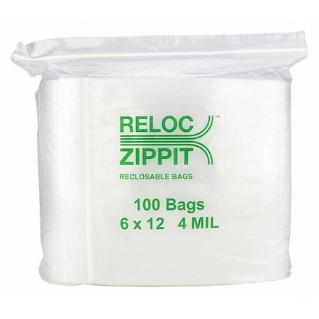 Reclosable Bag, 12 L, 6 in W, 4 mil Thick, Polypropylene, Clear MPN:4R612
