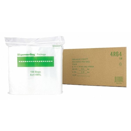Reclosable Bag, 4 L, 4 in W, 4 mil Thick, Polypropylene, Clear MPN:4R64