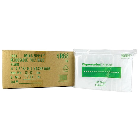 Reclosable Bag, Zip Seal, 8 in L, 6 in W, 4 mil Thick, Polyethylene, Clear MPN:4R68