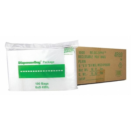 Reclosable Bag, 9 L, 6 in W, 4 mil Thick, Polypropylene, Clear MPN:4R69
