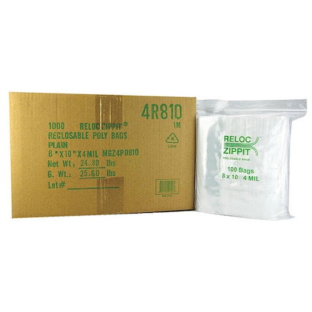 Reclosable Bag, Zip Seal, 10 in L, 8 in W, 4 mil Thick, Polyethylene, Clear MPN:4R810