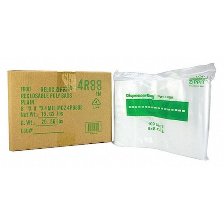 Reclosable Bag, Zip Seal, 8 in L, 8 in W, 4 mil Thick, Polyethylene, Clear MPN:4R88