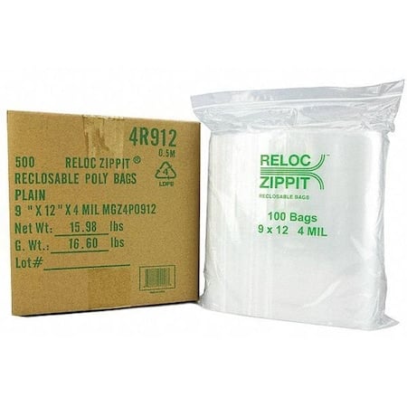 Reclosable Bag, Zip Seal, 12 in L, 9 in W, 4 mil Thick, Polyethylene, Clear MPN:4R912
