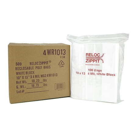 Reclosable Bag, Zip Seal, 13 in L, 10 in W, 4 mil Thick, Polyethylene, Clear MPN:4WR1013
