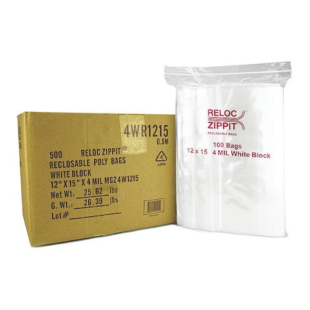 Reclosable Bag, Zip Seal, 15 in L, 12 in W, 4 mil Thick, Polyethylene, Clear MPN:4WR1215