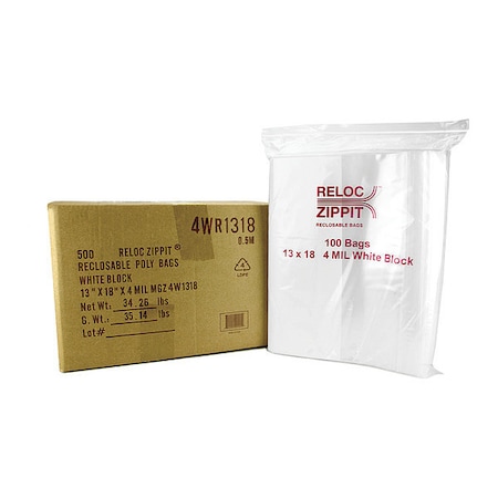Reclosable Bag, Zip Seal, 18 in L, 13 in W, 4 mil Thick, Polyethylene, Clear MPN:4WR1318
