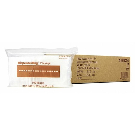 Reclosable Bag, 4 L, 3 in W, 4 mil Thick, Polypropylene, Clear MPN:4WR34