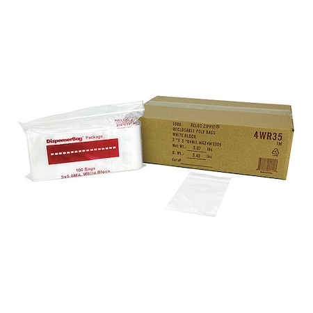 Reclosable Bag, Zip Seal, 5 in L, 3 in W, 4 mil Thick, Polyethylene, Clear MPN:4WR35