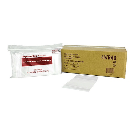 Reclosable Bag, Zip Seal, 6 in L, 4 in W, 4 mil Thick, Polyethylene, Clear MPN:4WR46