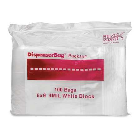 Reclosable Bag, Zip Seal, 9 in L, 6 in W, 4 mil Thick, Polyethylene, Clear MPN:4WR69