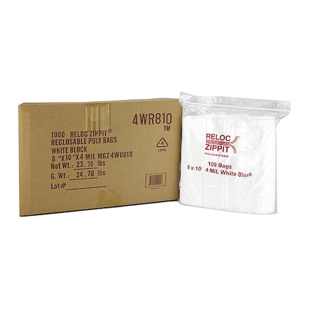 Reclosable Bag, Zip Seal, 10 in L, 8 in W, 4 mil Thick, Polyethylene, Clear MPN:4WR810