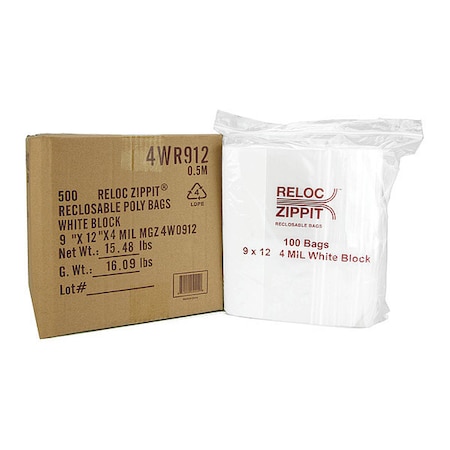 Reclosable Bag, Zip Seal, 12 in L, 9 in W, 4 mil Thick, Polyethylene, Clear MPN:4WR912