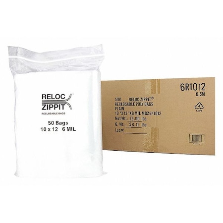 Reclosable Bag, 12 L, 10 in W, 6 mil Thick, Polypropylene, Clear MPN:6R1012