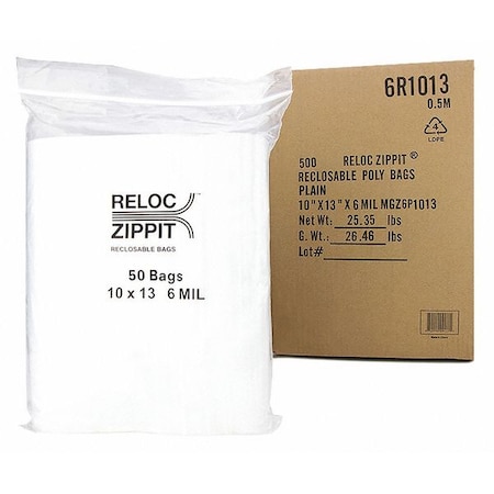 Reclosable Bag, 13 L, 10 in W, 6 mil Thick, Polypropylene, Clear MPN:6R1013