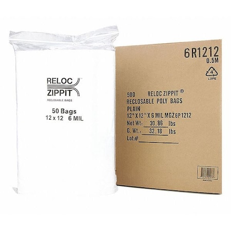 Reclosable Bag, 12 L, 4 in W, 6 mil Thick, Polypropylene, Clear MPN:6R1212