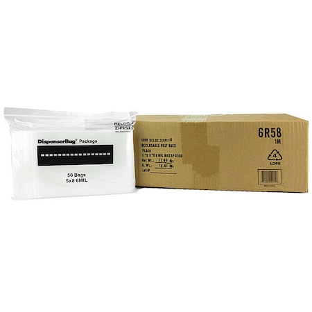 Reclosable Bag, Zip Seal, 8 in L, 5 in W, 6 mil Thick, Polyethylene, Clear MPN:6R58