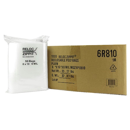 Reclosable Bag, Zip Seal, 10 in L, 8 in W, 6 mil Thick, Polyethylene, Clear MPN:6R810