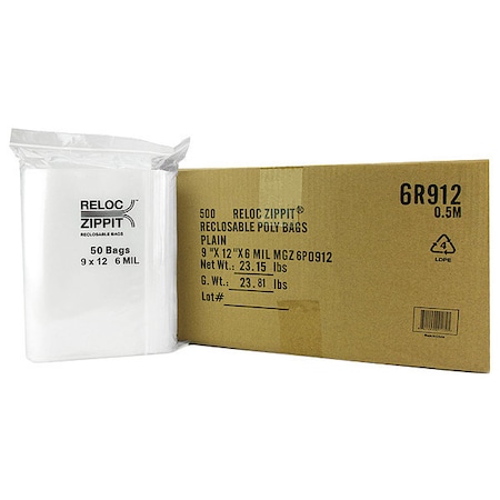 Reclosable Bag, Zip Seal, 12 in L, 9 in W, 6 mil Thick, Polyethylene, Clear MPN:6R912