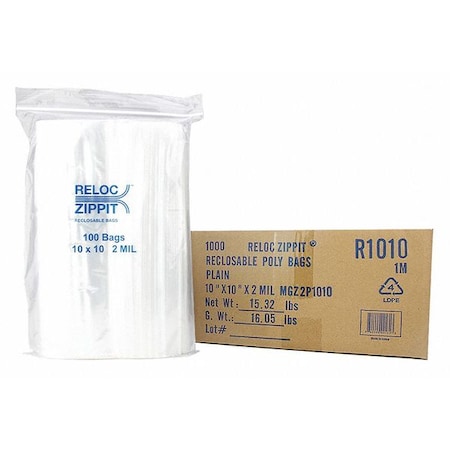 Reclosable Bag, 10 L, 10 in W, 2 mil Thick, Polypropylene, Clear MPN:R1010