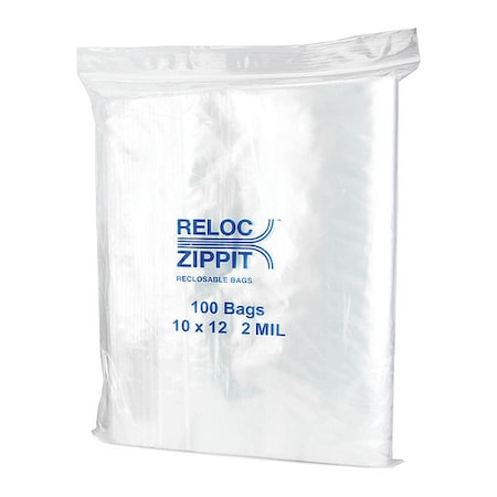 Reclosable Bag, Zip Seal, 12 in L, 10 in W, 2 mil Thick, Polyethylene, Clear MPN:R1012