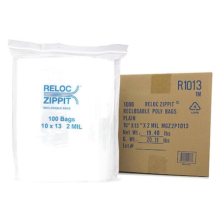 Reclosable Bag, 13 L, 10 in W, 2 mil Thick, Polypropylene, Clear MPN:R1013