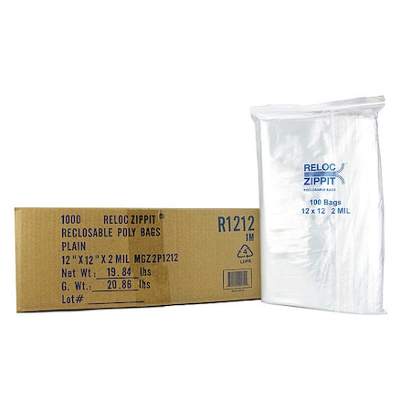 Reclosable Bag, Zip Seal, 12 in L, 12 in W, 2 mil Thick, Polyethylene, Clear MPN:R1212