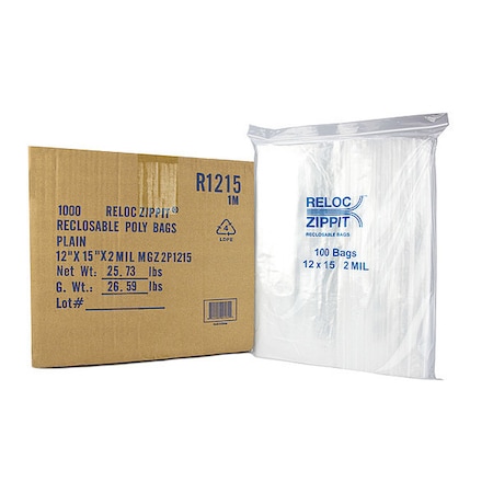 Reclosable Bag, Zip Seal, 15 in L, 12 in W, 2 mil Thick, Polyethylene, Clear MPN:R1215